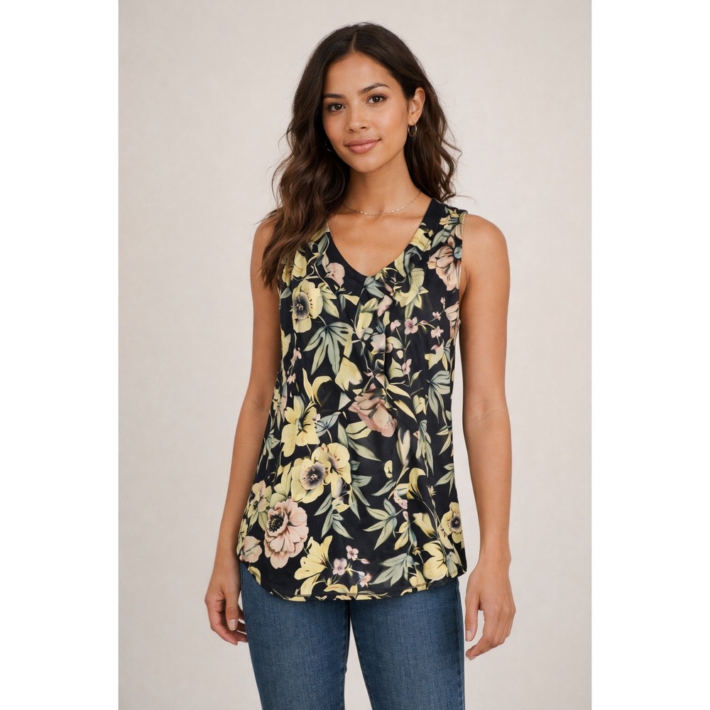 Cabi Floral Sleeveless Ruffle Front Blouse Top Small S Black Yellow Pink Layered